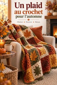 Plaid en crochet aux teintes chaudes pour l'automne, drapé sur un canapé confortable.
