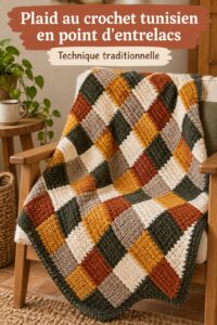 Plaid en crochet tunisien aux couleurs chaudes sur un canapé confortable