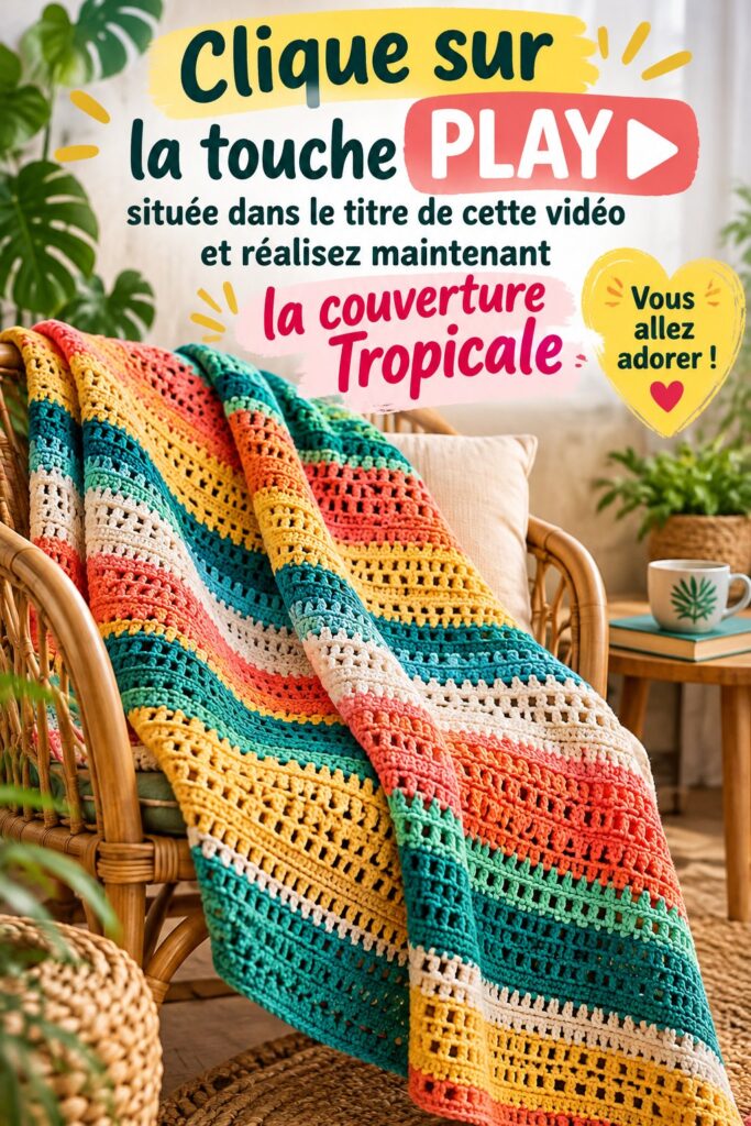 Plaid tropical fait maison drapé sur un canapé, ajoutant chaleur et couleur à l'espace