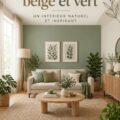 Salon cosy aux couleurs beige et vert, créant une ambiance apaisante.