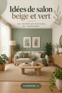 Salon cosy aux couleurs beige et vert, créant une ambiance apaisante.