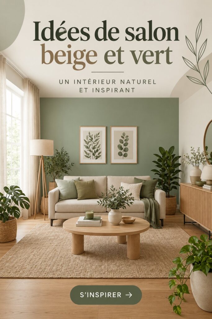Salon cosy aux couleurs beige et vert, créant une ambiance apaisante.