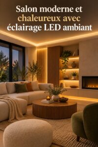 Un salon moderne avec des lumières LED créant une ambiance chaleureuse.