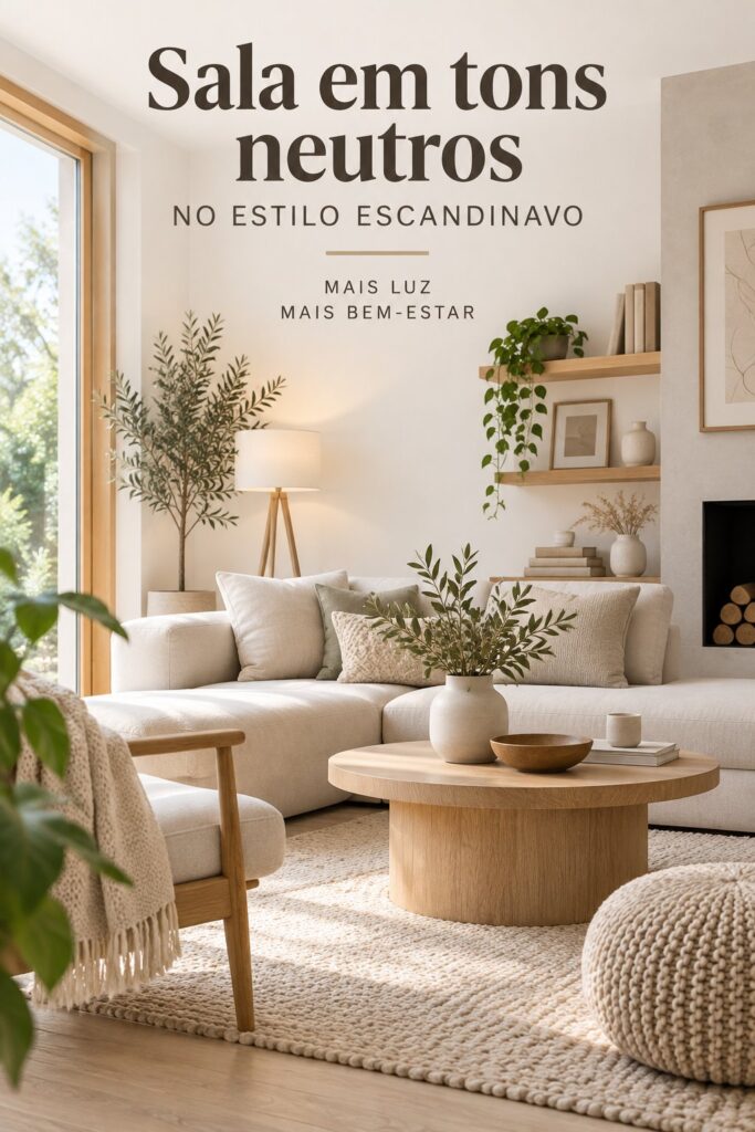 Salon scandinave apaisant avec des nuances neutres et des meubles en bois clair