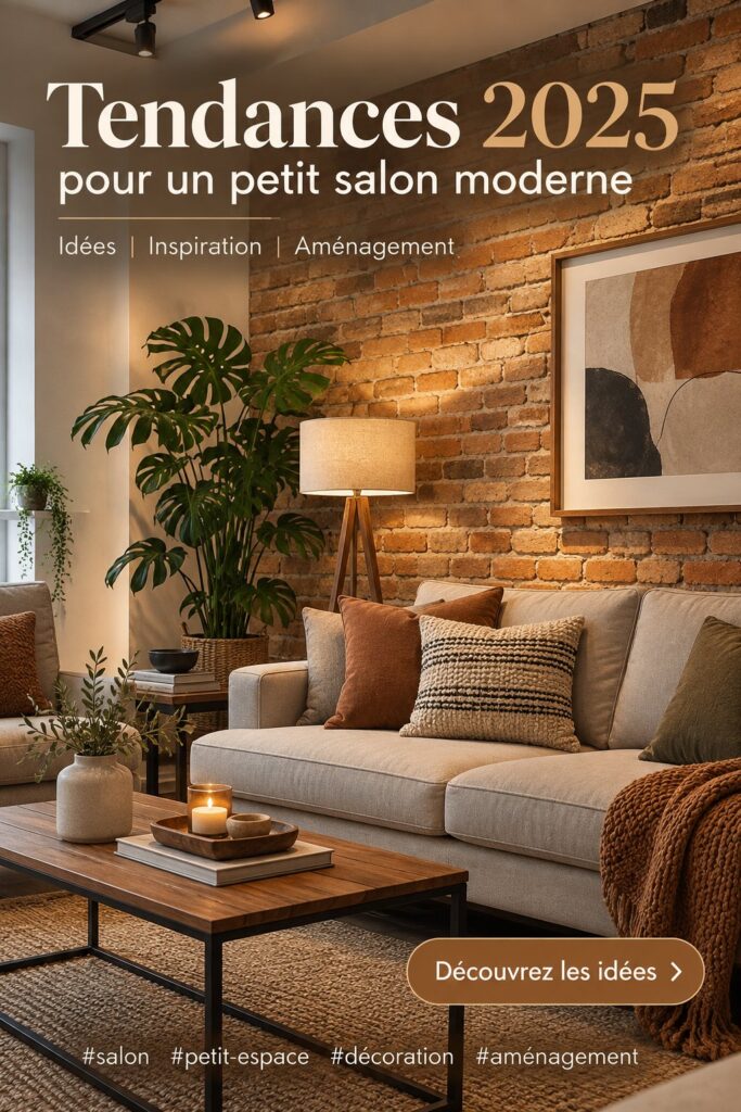Petit salon moderne avec un agencement chaleureux et fonctionnel, décoré en 2025.