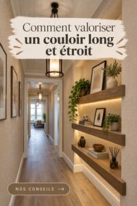 Un couloir long et étroit décoré avec des couleurs claires et des éléments pratiques.