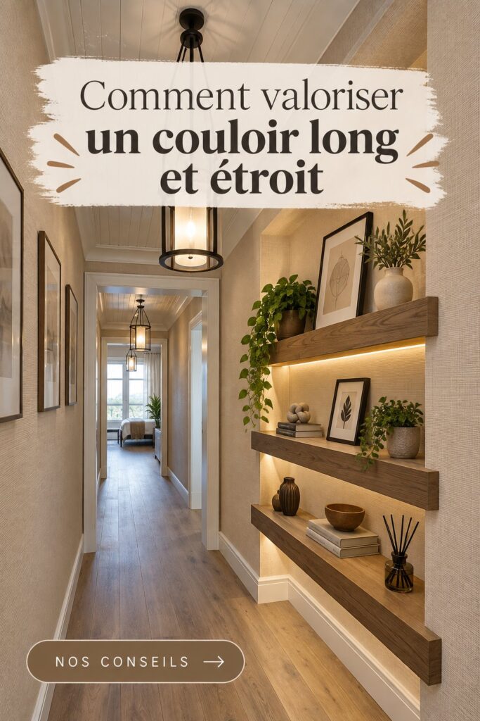 Un couloir long et étroit décoré avec des couleurs claires et des éléments pratiques.