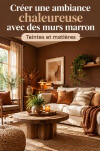Un salon cosy avec des murs marron chaleureux et un mobilier accueillant.