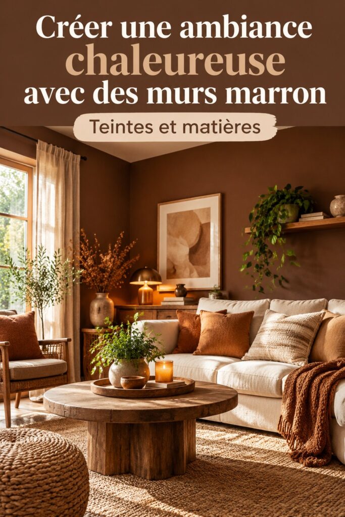 Un salon cosy avec des murs marron chaleureux et un mobilier accueillant.