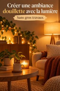 Une lampe cosy dans un salon accueillant créant une ambiance douillette.