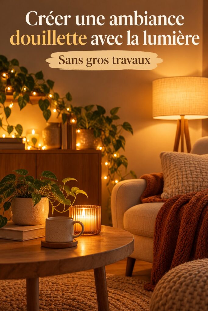 Une lampe cosy dans un salon accueillant créant une ambiance douillette.