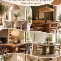 Salle à manger moderne et organique avec des matériaux naturels et une décoration chaleureuse.