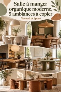 Salle à manger moderne et organique avec des matériaux naturels et une décoration chaleureuse.