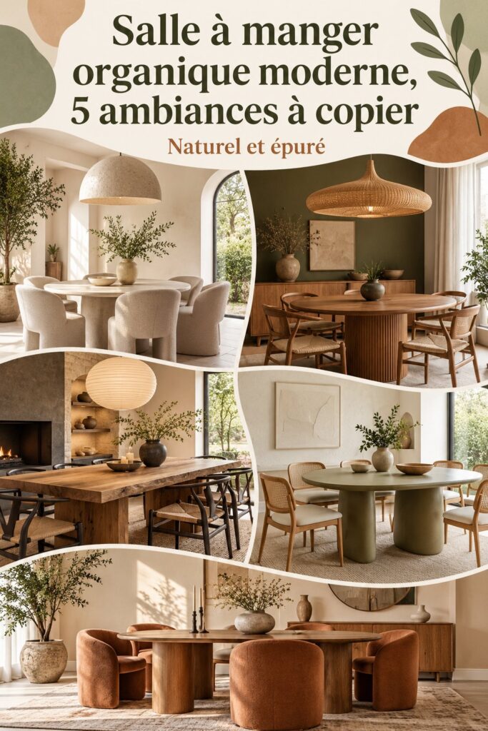 Salle à manger moderne et organique avec des matériaux naturels et une décoration chaleureuse.