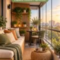 Balcon vitré aménagé avec du mobilier moderne et des plantes décoratives.