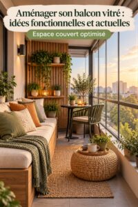Balcon vitré aménagé avec du mobilier moderne et des plantes décoratives.