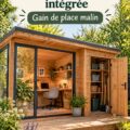 Aménagement d'un bureau de jardin avec une remise intégrée, décoration cosy et pratique.