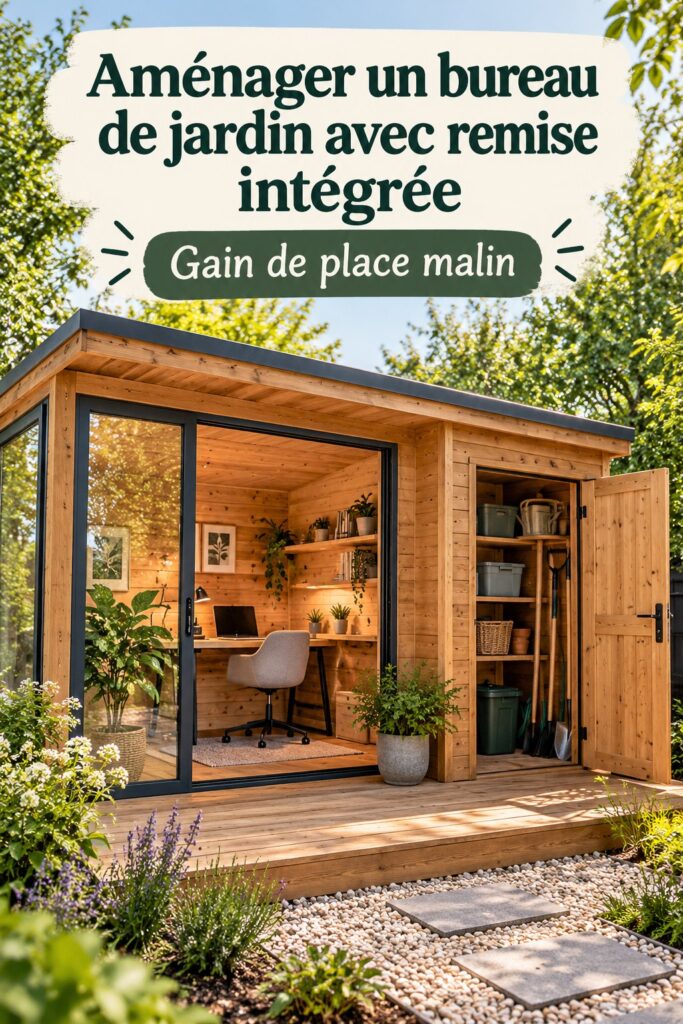 Aménagement d'un bureau de jardin avec une remise intégrée, décoration cosy et pratique.