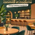 Espace gastrobar moderne avec des couleurs chaleureuses et un mobilier accueillant