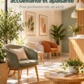 Salle d'attente moderne et accueillante avec des couleurs douces et du mobilier confortable.