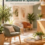 Salle d'attente moderne et accueillante avec des couleurs douces et du mobilier confortable.