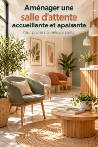 Salle d'attente moderne et accueillante avec des couleurs douces et du mobilier confortable.