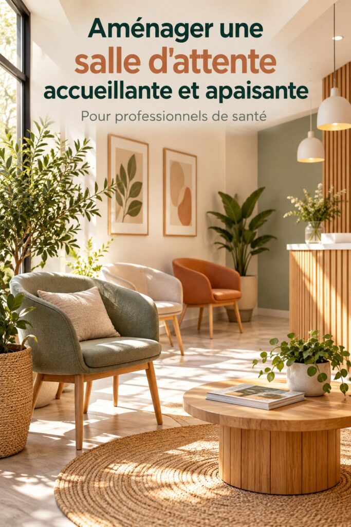 Salle d'attente moderne et accueillante avec des couleurs douces et du mobilier confortable.