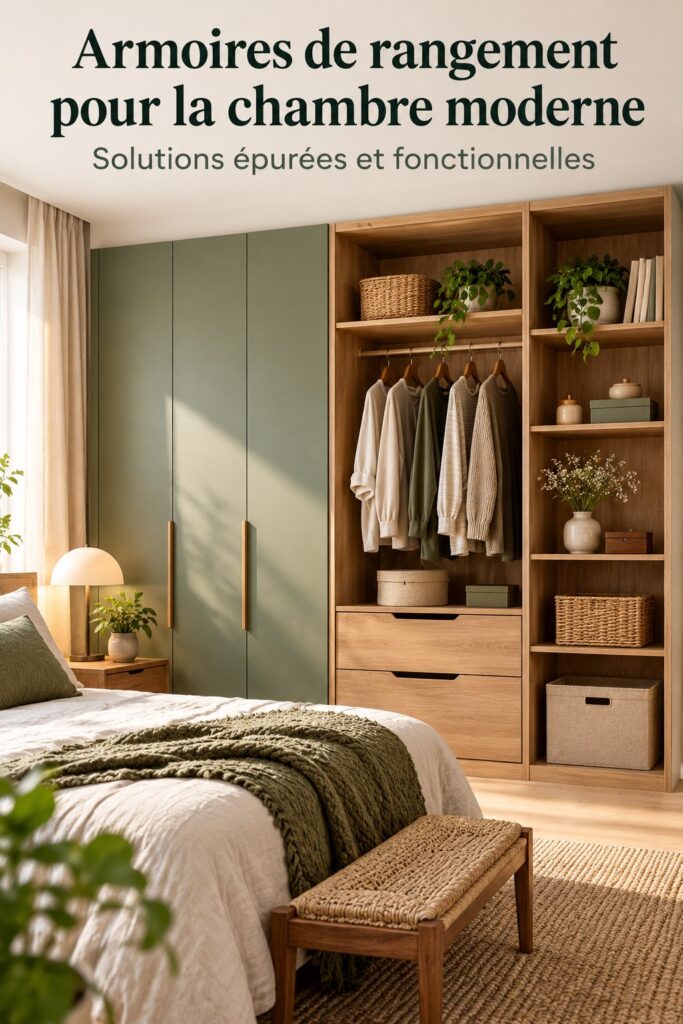 Un élégant cabinet de rangement moderne dans une chambre contemporaine, mettant en avant un design épuré.