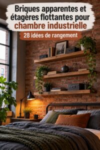Chambre industrielle avec des murs en briques apparentes et des étagères flottantes en bois