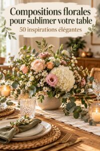 Composition florale vibrante sur une table élégante avec assiettes et couverts.