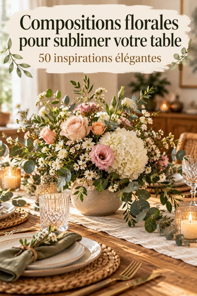 Composition florale vibrante sur une table élégante avec assiettes et couverts.