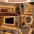 Un salon décoré avec des bandes LED créant une ambiance chaleureuse.