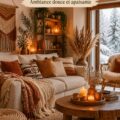 Un salon bohème chaleureux décoré pour l'hiver avec des coussins et des lumières douces