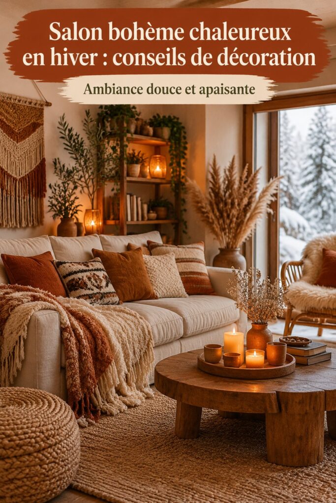Un salon bohème chaleureux décoré pour l'hiver avec des coussins et des lumières douces