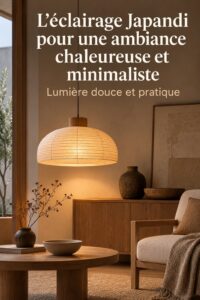 Salon avec éclairage Japandi chaleureux et décor épuré