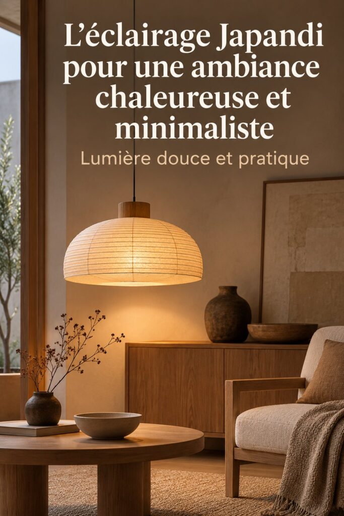 Salon avec éclairage Japandi chaleureux et décor épuré