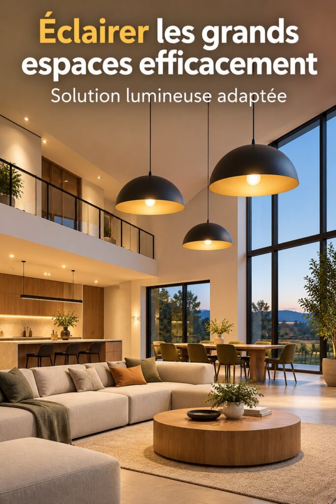 Luminaires modernes dans un grand salon, créant une ambiance chaleureuse.