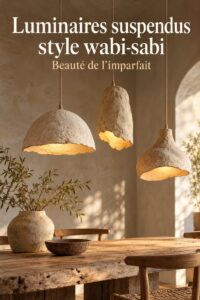Suspension wabi-sabi en bois brut et métal dans un intérieur chaleureux