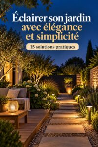 Éclairage élégant d'un jardin avec des lampes solaires et des guirlandes lumineuses.