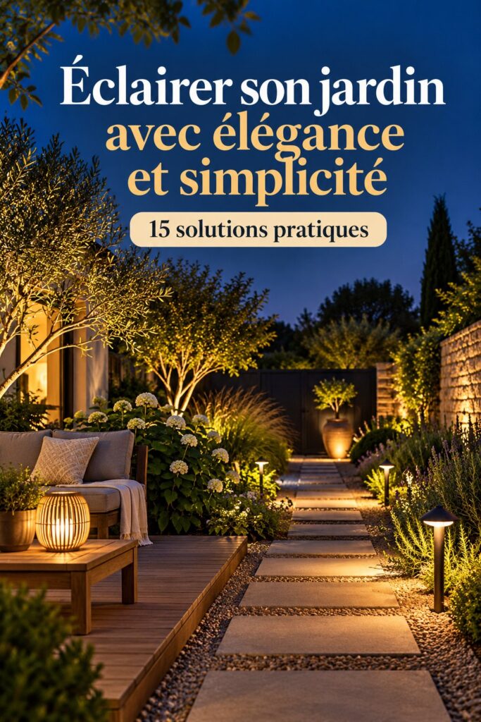 Éclairage élégant d'un jardin avec des lampes solaires et des guirlandes lumineuses.
