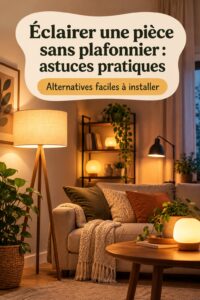 Une pièce élégamment éclairée sans plafonnier, avec des lampes d'appoint et des appliques murales.