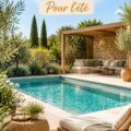 Espace de détente avec piscine entouré de verdure et mobilier extérieur chaleureux.