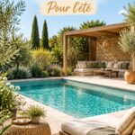 Espace de détente avec piscine entouré de verdure et mobilier extérieur chaleureux.
