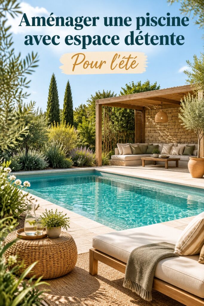 Espace de détente avec piscine entouré de verdure et mobilier extérieur chaleureux.