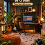 Une pièce décorée avec des instruments de musique et des éléments créatifs.