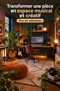 Une pièce décorée avec des instruments de musique et des éléments créatifs.