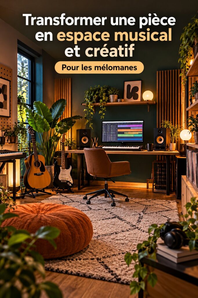Une pièce décorée avec des instruments de musique et des éléments créatifs.