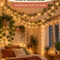 Guirlandes lumineuses suspendues dans un intérieur chaleureux et décoratif