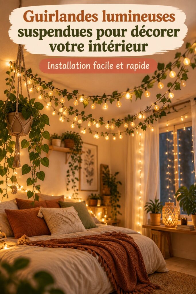 Guirlandes lumineuses suspendues dans un intérieur chaleureux et décoratif
