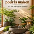 Un jardin zen intérieur avec des pierres, des plantes vertes et un monde apaisant.